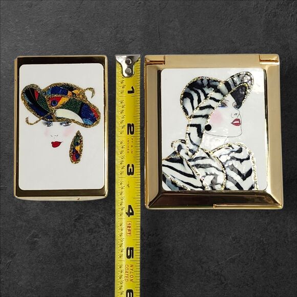 Vintage 1980s Vanity Set Art Deco Woman Compact & Lipstick Case NOS Glam Gold - Picture 14 of 16